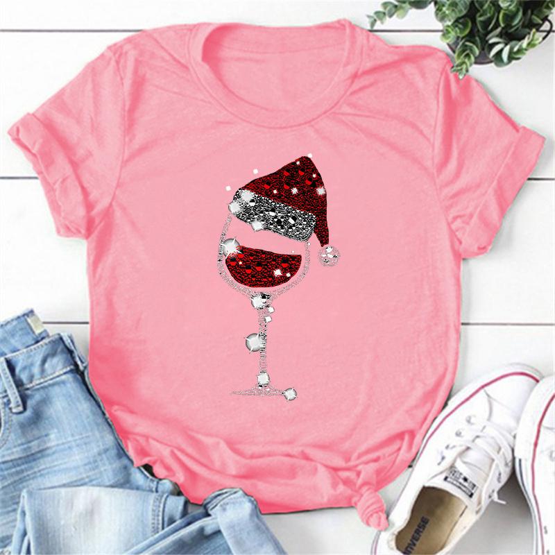 New Christmas Red Wine Glass Print Cozy T Shirt Women's Casual Round Neck Short Sleeved T-Shirt