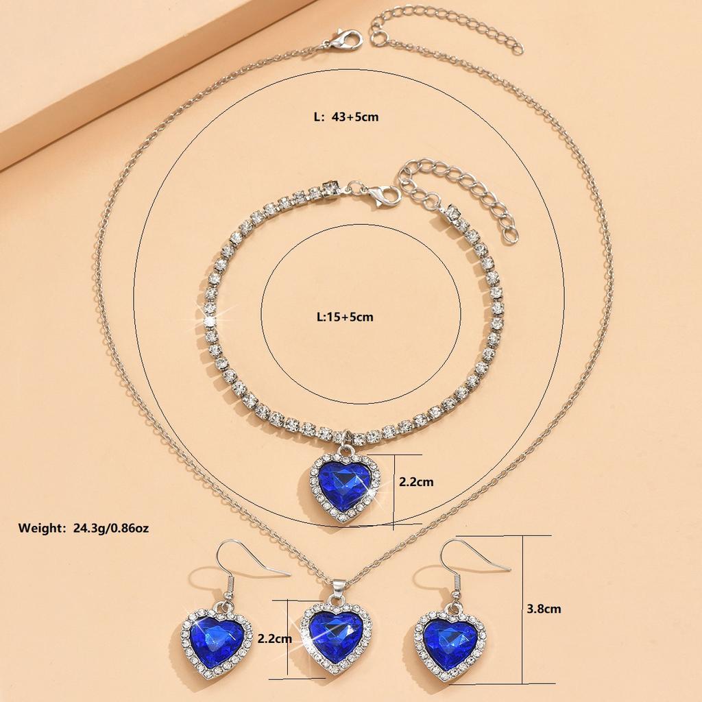 Full Diamond Crystal Jewelry Set Heart of The Ocean Three-piece Necklace Earrings Bracelet