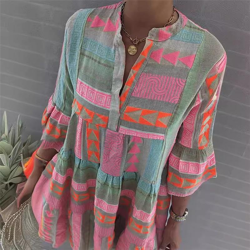 Women's Summer New Dress European And American Color Printing V-neck Three-quarter Sleeve Shirt Long Skirt
