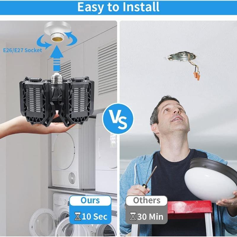 LED Garage Lights with 6+1/8+1/10+1 Adjustable Panels E26/E27 Ceiling Shop Work Lamp 150W 6500K Bulb for Workshop Industrial Lighting