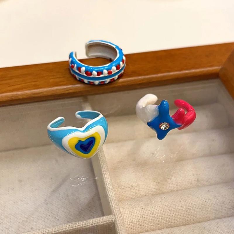 Boho Cute Romantic Macaron Color Love Heart Enamel Opening Rings for Women Charm Trendy Personality Y2K Finger Jewelry Girl Gift