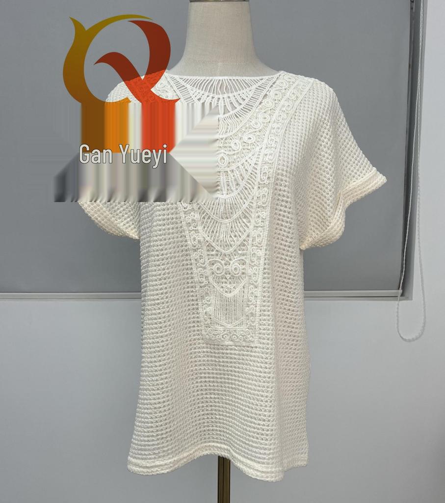 2024 Hollow Lace Splicing Plus Size Short Sleeve T-shirt for Women