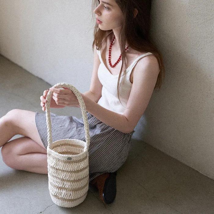 Moroccan Handmade Crochet Stripe Bucket Bag _ Cream