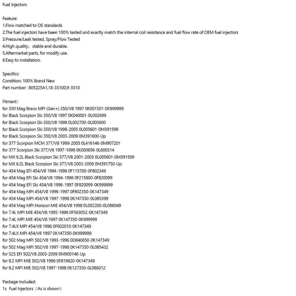 9-3310 Injectoare de Combustibil Se Potrivesc Pentru Mercruiser 805225A1 Marin 18-33100 Barcă