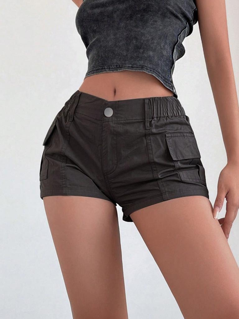 Rose Beauty A Damen-Y2K-Street-Cargo-Shorts mit elastischer Taille und Klapptasche an der Seite, einfarbig, einfache, lässige Shorts für den Alltag