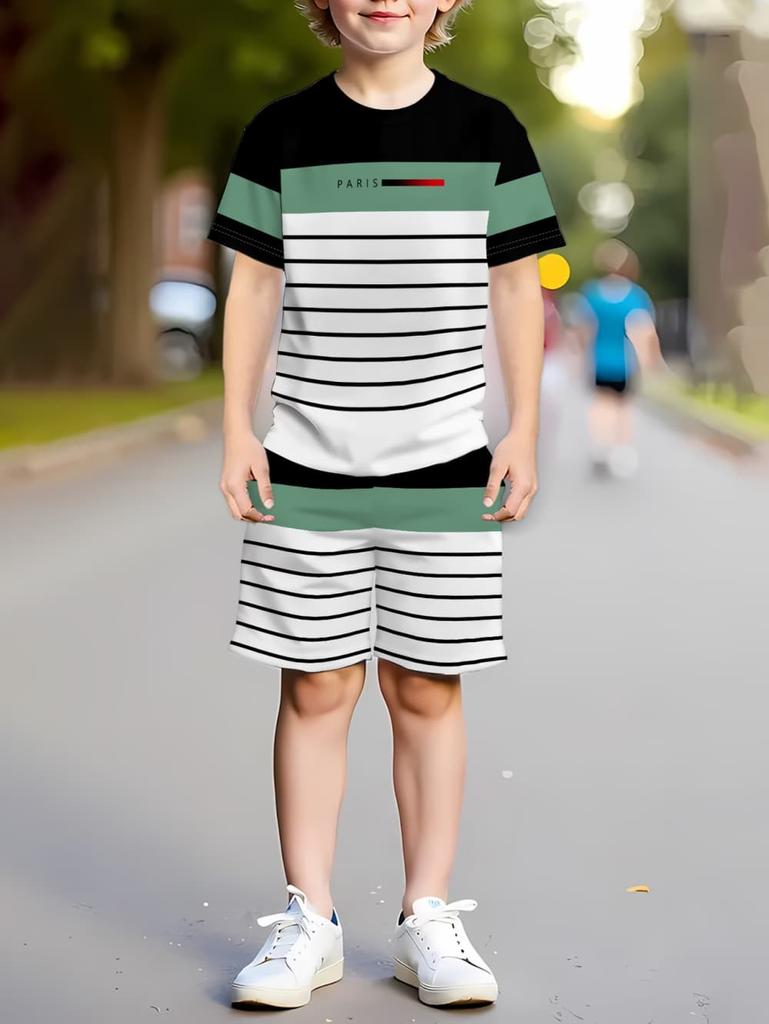 2026 Sommer Lässige Jungen T-Shirts Sets Rundhals Paris Buchstabe 3D Gedruckte Shorts Sport Zweiteiliges Anzug Outdoor Kinderkleidung