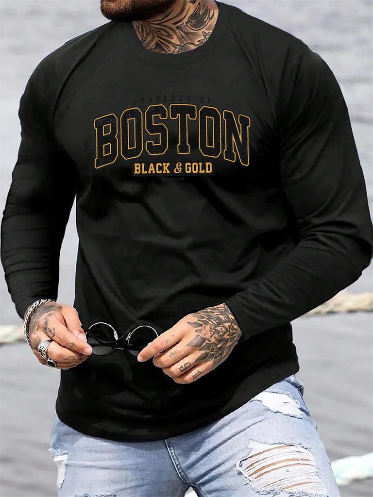Casual Boston Letter Printed 100% Pure Cotton Men's Long Sleeved Round Neck Loose Spring and Autumn Versatile T-shirt Top