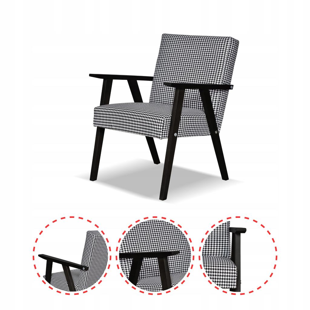 Fotel PRL zestaw retro vintage SOLER Family Meble Pepitka czarno - biała