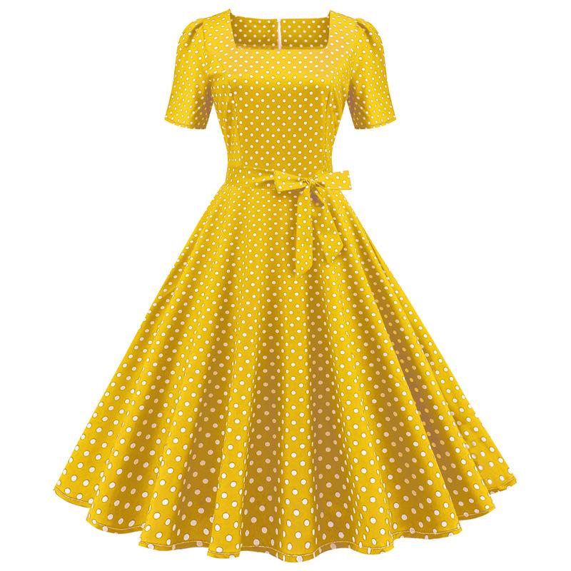 Women's Summer Midi Dress Square Neck Short Sleeve Dress Casual Polka Dot Big Swing Dress with Belt