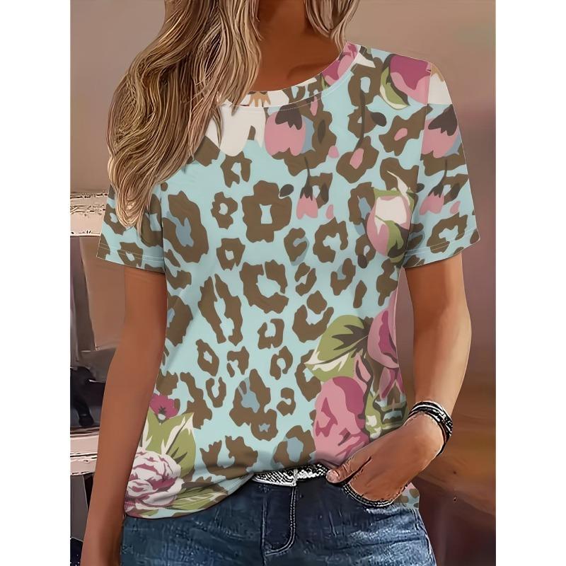 Leopard Print Women's T-Shirt Short Sleeved Tops Summer Casual Women's Crew-Neck Y2k Clothes T-Shirt Outdoor Street Elegant Top