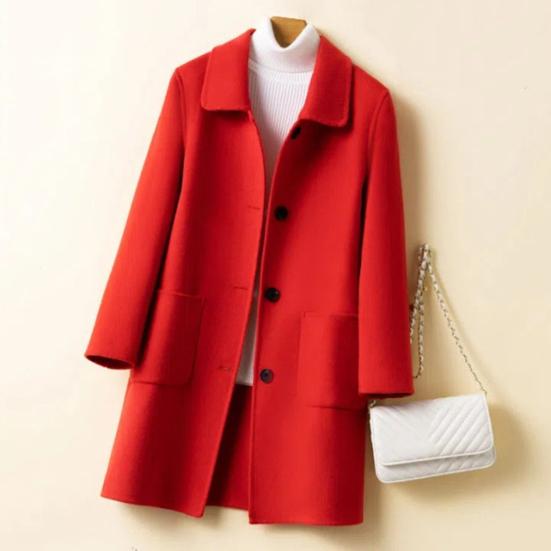 Women Winter Coat Formal Business Style Turn-down Collar Single-breasted Mid Length Overcoat OL Commuting Jacket Solid Color Thick Outerwear