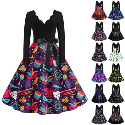 Abito lungo vintage stampato a maniche lunghe con scollo a V, casual e alla moda da donna