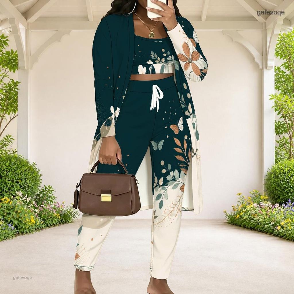 Women Plus Size Butterfly Printed Three Piece Set Long Sleeve Open Front Cardigan Crop Top Long Pants
