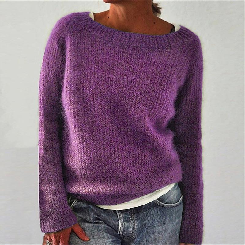 Solid Colour Basic Knit Sweater with Round Neck Stylish and Versatile Luxurious Relaxed-fit Slimming and Versatile Top