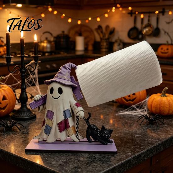 Halloween Paper Towel Holder Wooden Holder, Cute Patchwork Ghost Napkin Stand, Party Supplies Rustic Roll Dispenser for Kitchen Dining Table