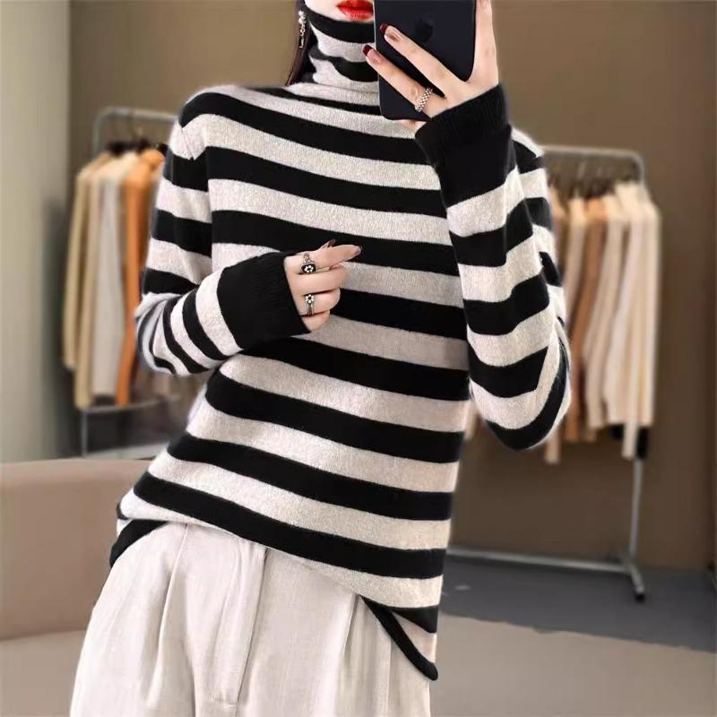 Autumn and Winter New Knitted Sweater Women's Striped Bottoming Shirt Stack Collar Pullover Andy Fleece Top Loose and Thin Sweater