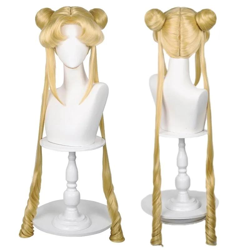 Sailor Moon Tsukino Usagi Dlouhé kudrnaté blond culíky Paruka se 2 culíky s čepicí na paruku pro Halloweenskou kostýmovou párty