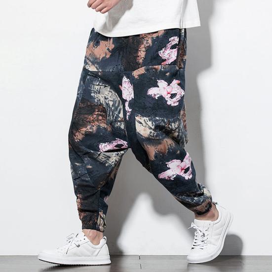 Harem Pants Large Crotch Ankle Tied Fashion Print Elastic Waist Loose Streetwear Plus Size Baggy Pants for Daily Wear
