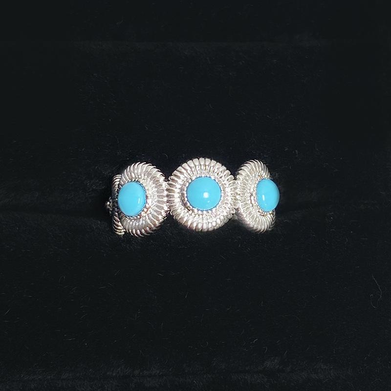 Court Style Two-Color Imitation Turquoise Daisy Open Ring Light Luxury Niche Retro Design High-End Sense Stacked Ring
