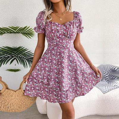 Summer Floral Dress for Women Square Collar Short Sleeve Lace Up Temperament Spring S-XL