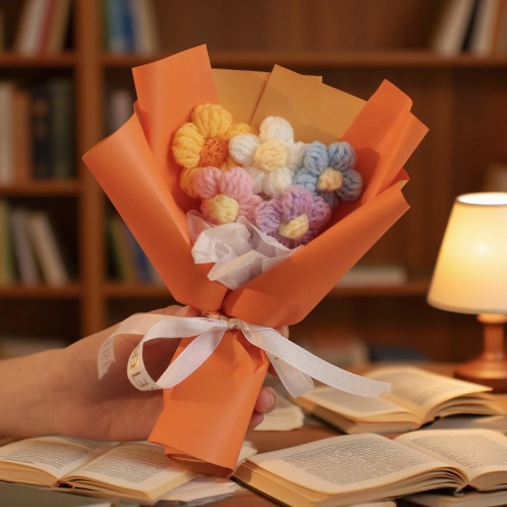 Cute Artificial Crochet Flowers Bouquet Handmade Mini Size Knitted Puff Flower 5 Stems Simulation Knitted Flower Teacher's Day