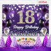 2D Happy 18th Birthday Backdrop, Purple Balloon, Diamond & String Light Party Background Cloth