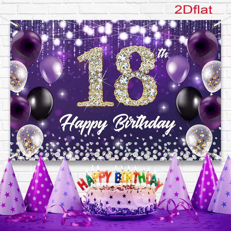 2D Happy 18th Birthday Backdrop, Purple Balloon, Diamond & String Light Party Background Cloth