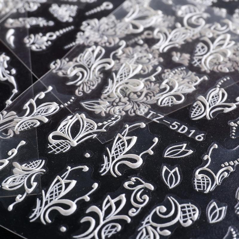 1 Sheet White Embossed Flower Lace 5D Sticker Decal Wedding Nail Art Designs Floral Manicure Decor Nail Art Decorations