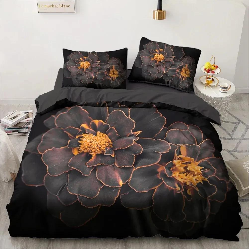 3D Flower Bedding Sets Black Duvet Quilt Cover Set Luxury Comforter Bed Linen Pillowcase Design Printed Valentine'S Day Bed Set