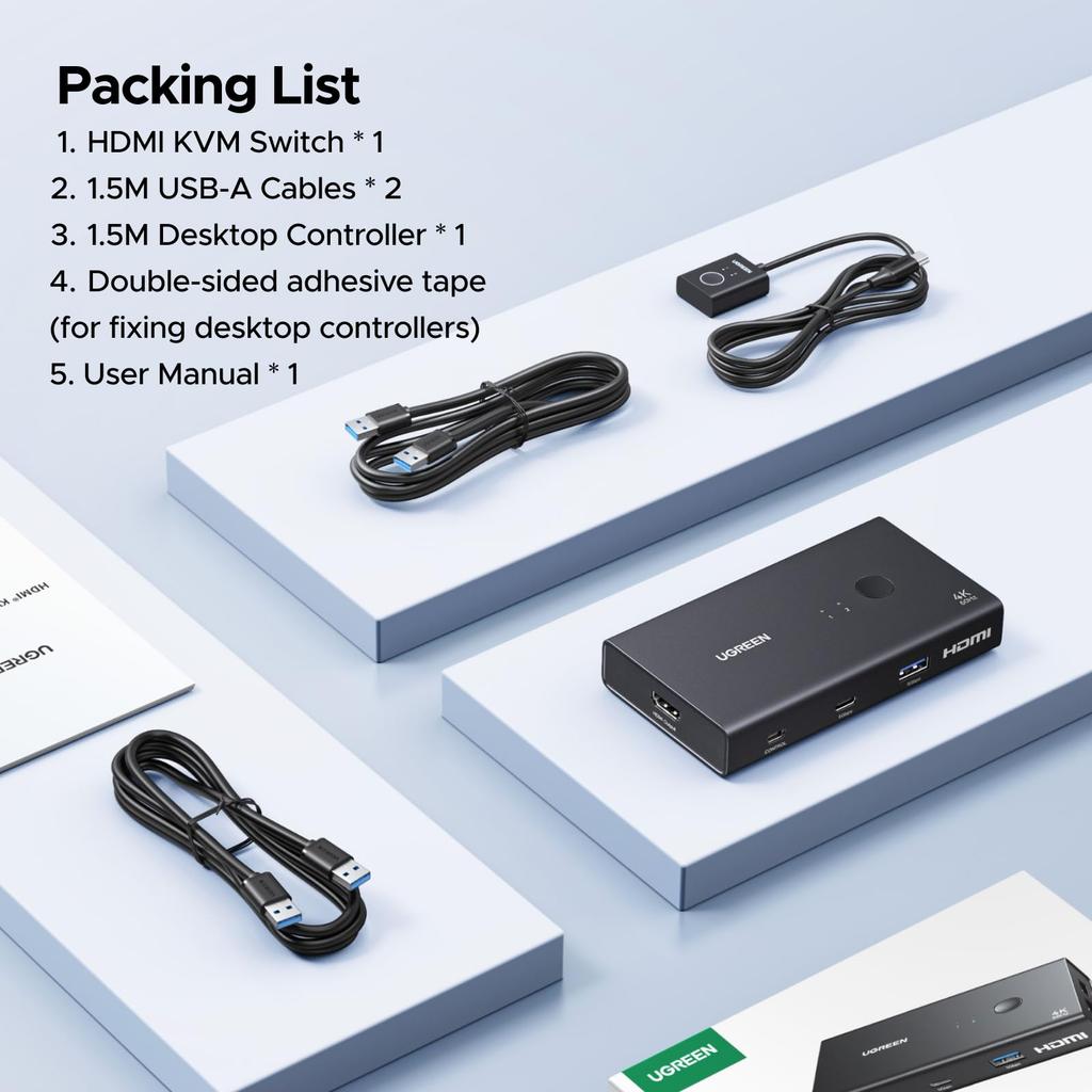 UGREEN HDMI 2.0 KVM Switch, 2 Inputs/1 Output, 4K@60Hz | USB 3.0 x 4 (USB-A x 3 + USB-C x 1) | Keyboard/Mouse Sharing | Desk Controller Included | Com