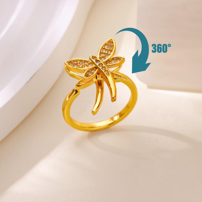 New smart dragonfly rotatable ring women's k gold micro-inlaid zircon temperament high-end open ring