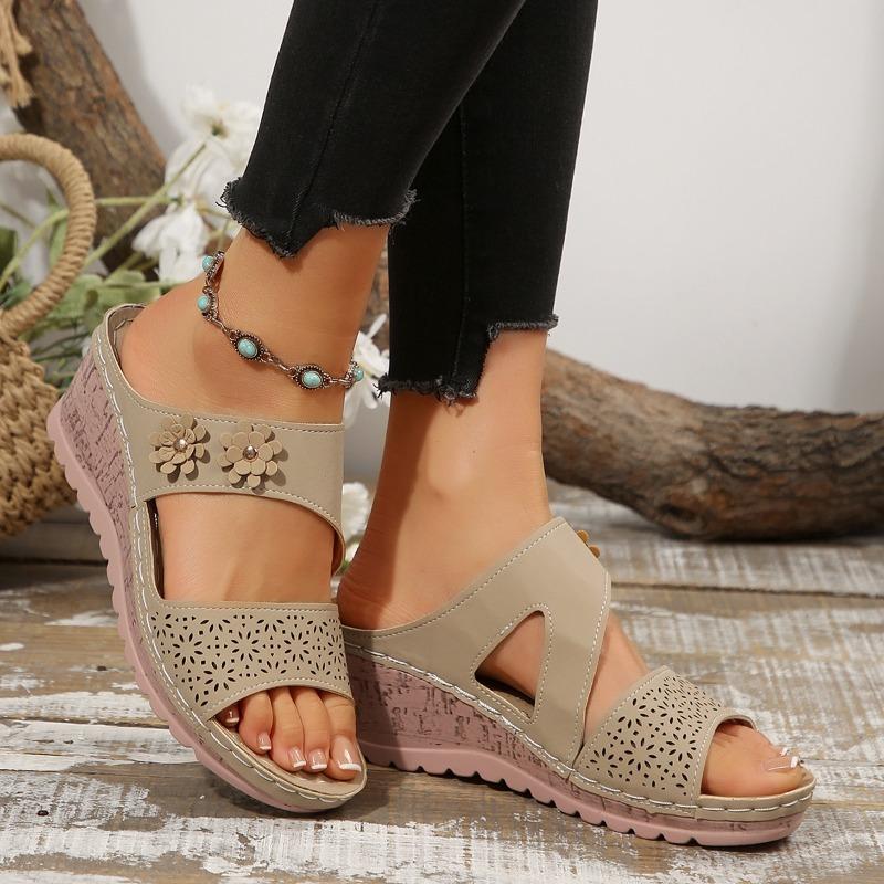 New women's sandals platform-soled wedges flower hollowed-out large-size sandals one-character cool slippers