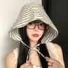 Women'S Wide-Brimmed Foldable Bucket Hat With Drawstring Korean Style Striped Panama Outdoor Hiking Hat Sun Protection Hat
