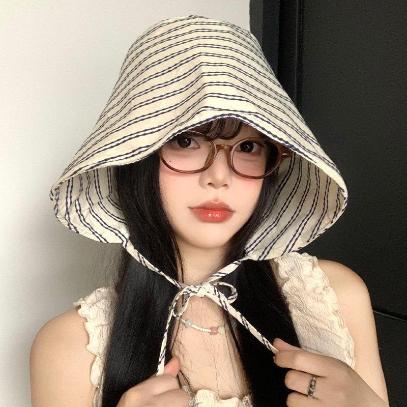 Women'S Wide-Brimmed Foldable Bucket Hat With Drawstring Korean Style Striped Panama Outdoor Hiking Hat Sun Protection Hat