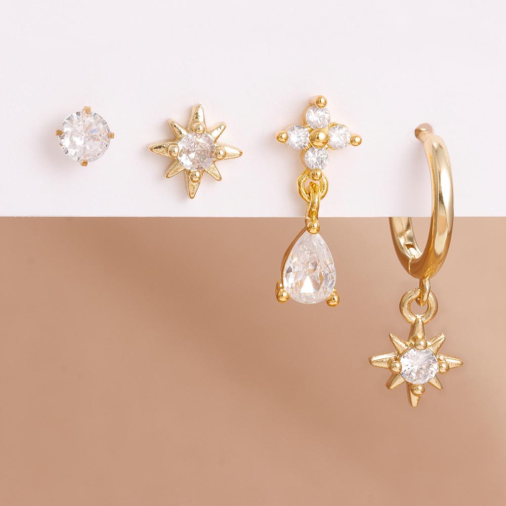 New Arrival Stainless Steel Crystal Zirconia Star Earrings Set For Women Girls Teens Temperament Stud Earrings Lady Jewelry Gift
