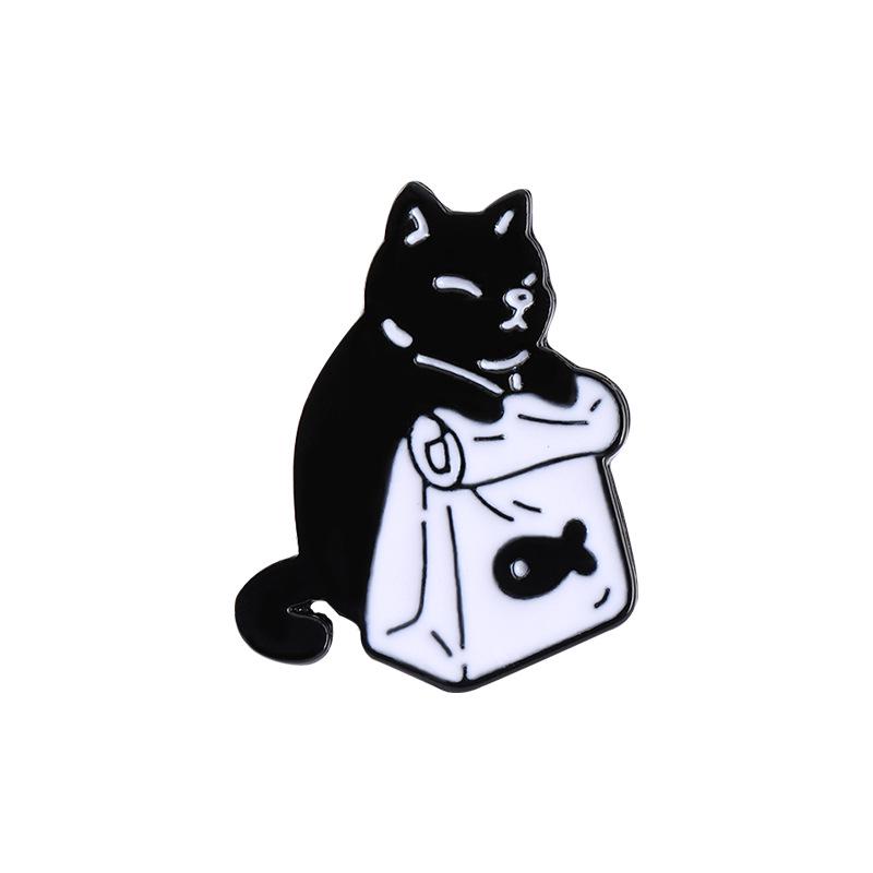Black & White Cartoon Kitten Brooch - Simple Cat Shape Alloy Accessory