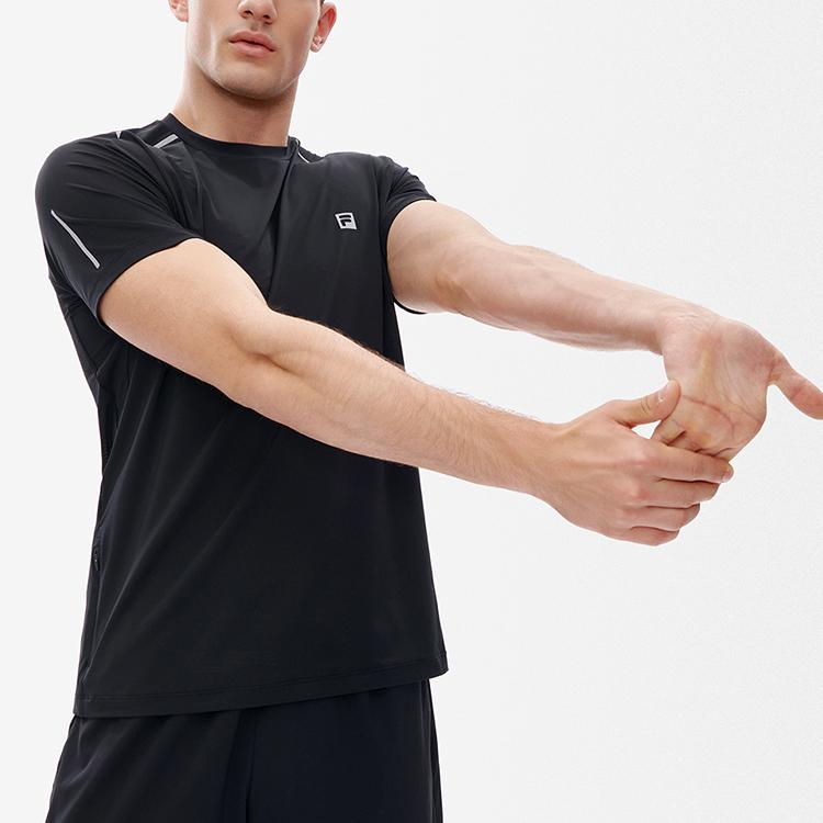 FILA Athletics Running Fitness Solid Color Crew Neck Knit Short Sleeve Raglan T-Shirt Men Tops Deep-Black A11M232101F-BK