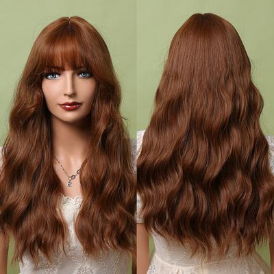 Brown Long Wavy Synthetic Wigs with Bangs Daily Party Cosplay Hair Wig for Women
