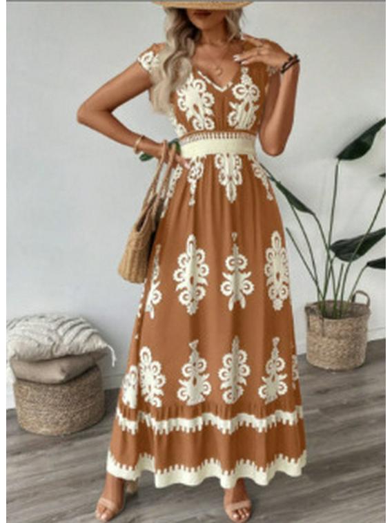 Elegant Floral V-Neck A-Line Dress with Ruffle Sleeves