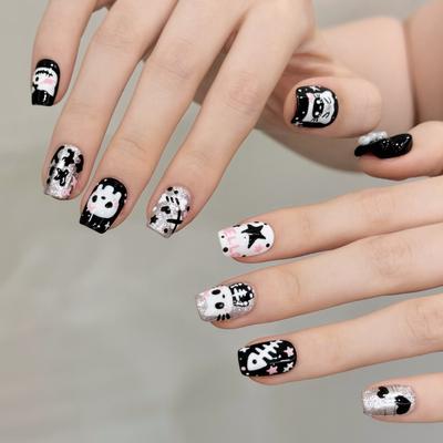 Medium Square Press On Nails Glitter Glossy Reusable Gel Press On Acrylic Fake Nail with Designs Stick On Nails Reusable Full Cover Nails for Women