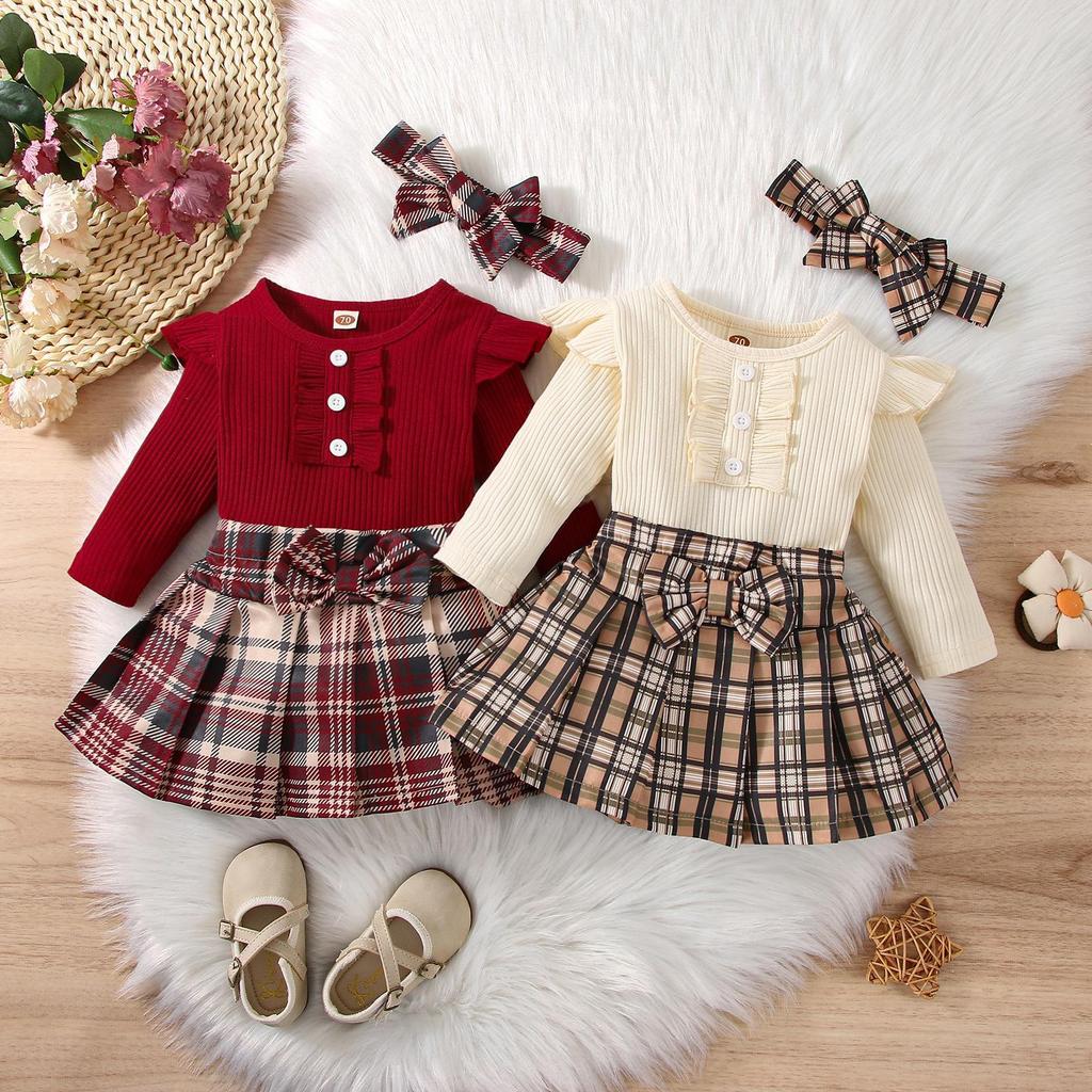 Factory 100% Cotton Baby Clothes Girls Summer College Style Baby Girl Romper Top Skirt Three Piece Set