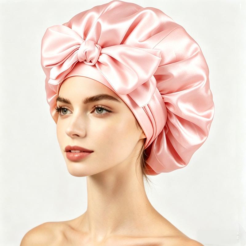 Silky Satin Sleep Cap with Tie-Up Ribbon for Women - Hair Care Hat