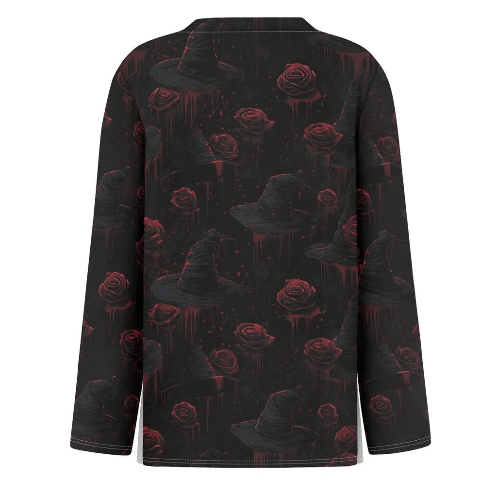 Women's Halloween Print Long Sleeve Round Neck Top with Hem Slit