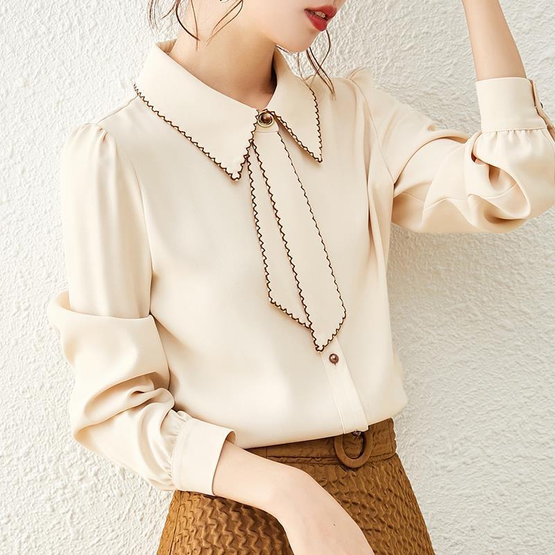Autumn and Winter Women's Shirt with A Bow New Design Long Sleeved Temperament Chiffon Shirt Base Top