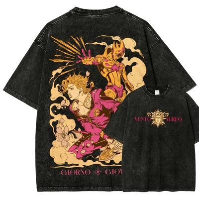 Anime JoJos Bizarre Adventure T-Shirt Herren Damen Kleidung Giorno Giovanna Yk Gewaschenes T-Shirt Sommer Kurzarm Baumwolle Tee Tops