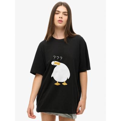 Übergroßes Damen-Kurzarm-T-Shirt mit süßer verwirrter Ente (mit drei Fragezeichen) Drucken