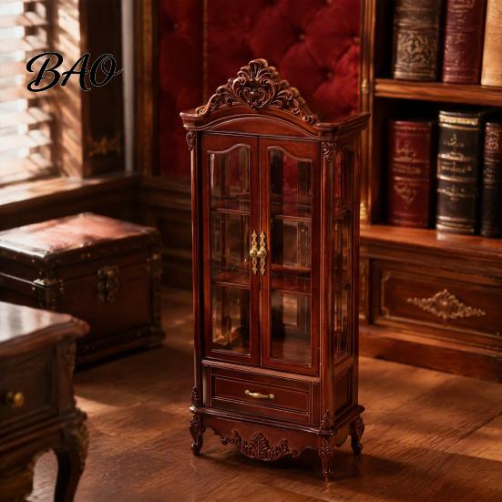 Detailed Miniature Furniture Curio Cabinet, 1/12 Scale Mini Wine Wooden Tiny Display Cabinet with Drawer, Vintage for Doll Mansion Living Room Decor,