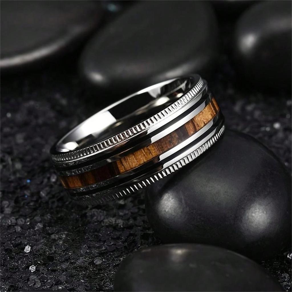 Fashion Copper Color Men Stainless Steel Koa Wood Rings Sawtooth Edge Engagement Rings For Men Women Wedding Party Jewelry Gifts