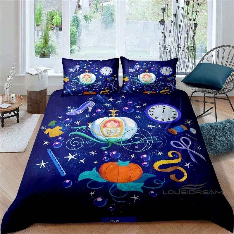 Cartoon-themed Cinderella fairy tale duvet cover and pillowcase bedding set, suitable for boys' and girls' bedrooms, and as a