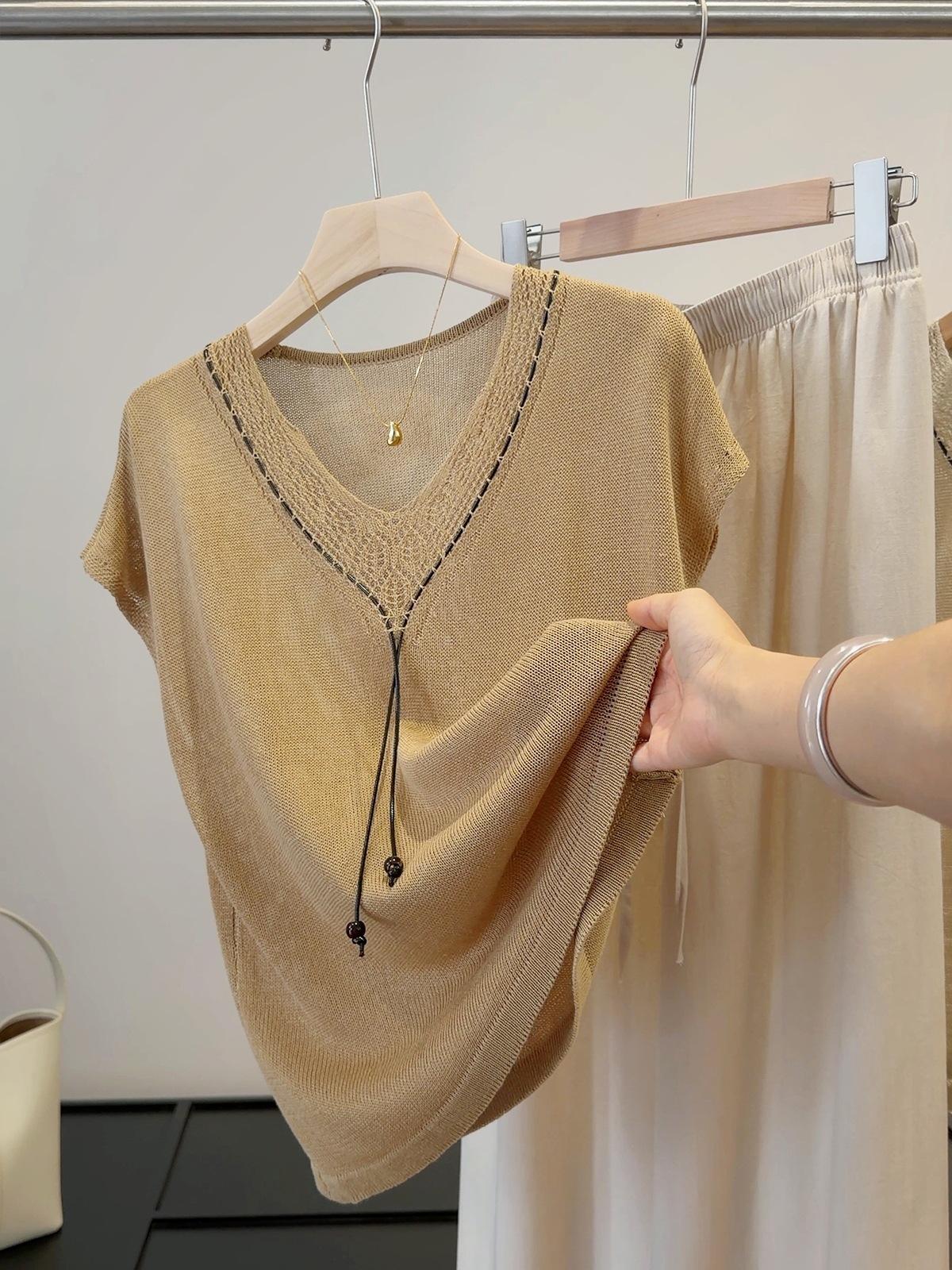 Women s V Neck Sleeveless Knit Top Loose Fit French Hollow Out Lace Drawstring Solid Soft Lightweight Summer Sweater Vest